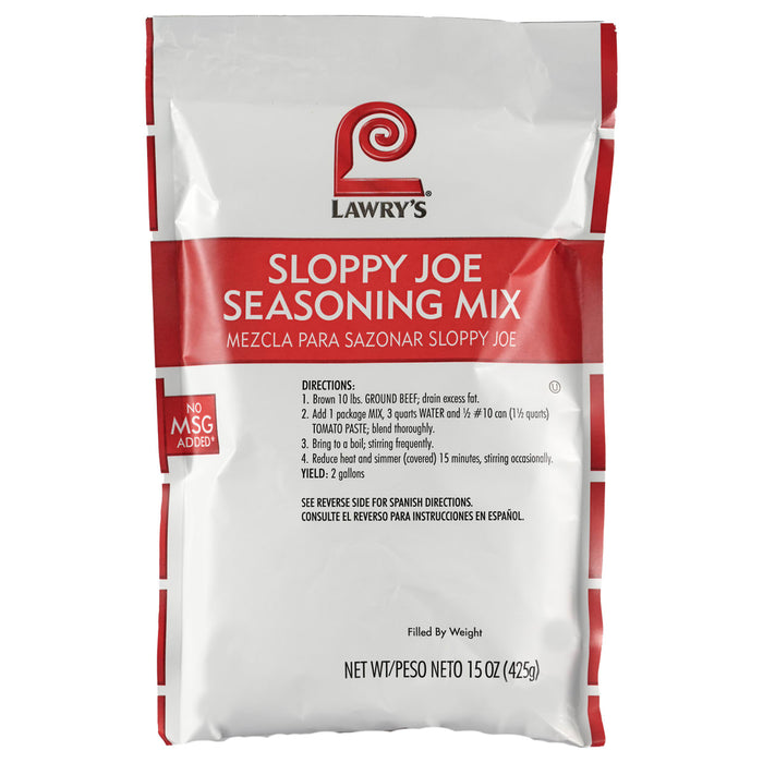 ["A Lawry's Sloppy Joe Seasoning Mix package with directions for use."]