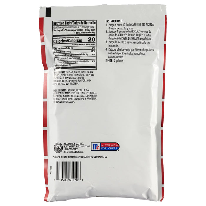 ['McCormick for Chefs Chili Seasoning Mix package with nutrition facts and instructions.']