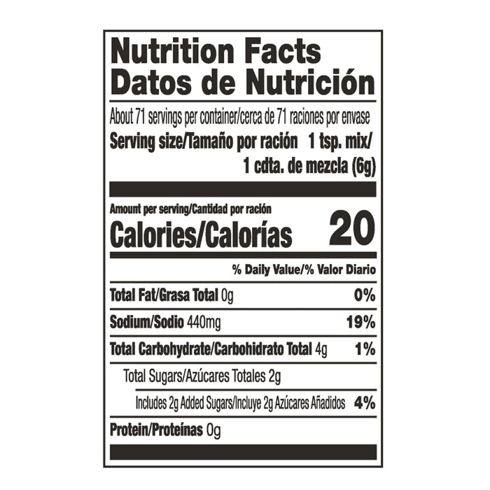 ['Nutrition facts label for a product with 20 calories per serving.']