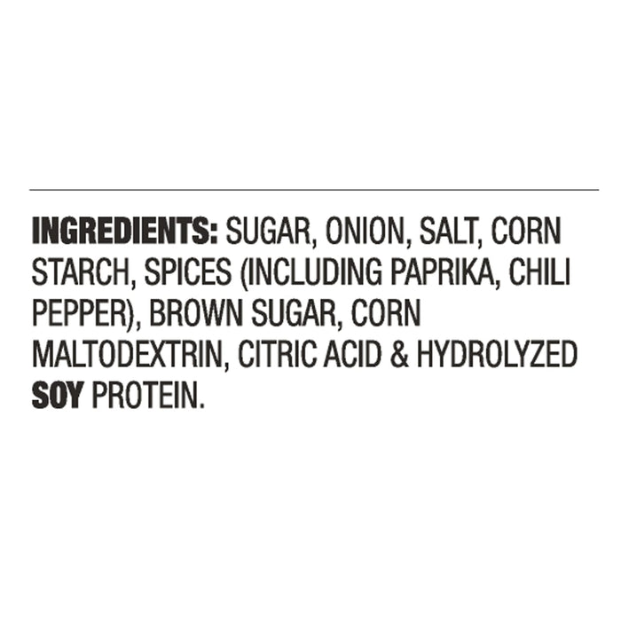 ['The ingredients for the product are listed: sugar, onion, salt, corn starch, spices, brown sugar, corn maltodextrin, citric acid, and soy protein.']