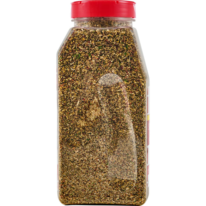 ['A glass jar of McCormick Grill Mates Montreal Steak Seasoning.']