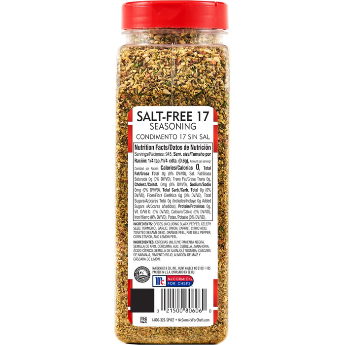 ['McCormick Salt-Free 17 Seasoning is a salt-free seasoning blend for chefs.']