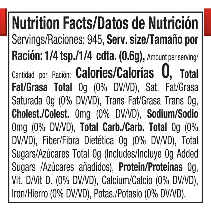 ['Nutrition facts label for a product with 0 calories per serving.']
