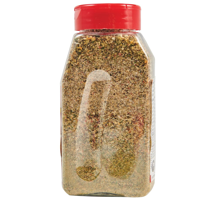 ['A glass jar with a red lid filled with a blend of herbs and spices.']
