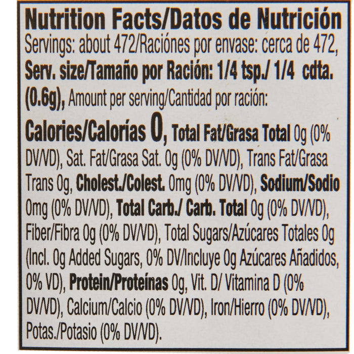 ['Nutrition facts label for a product with 0 calories per serving.']