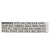 ['A list of ingredients for a spice blend, including black pepper, celery seed, turmeric, garlic, onion, carrot, citric acid, toasted sesame seed, orange peel, red bell pepper, corn starch, and lemon peel.']