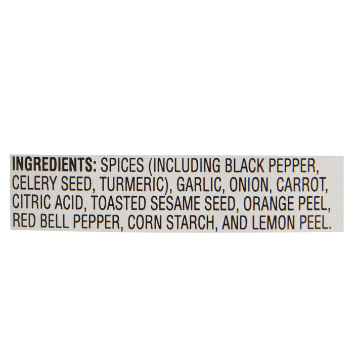 ['A list of ingredients for a spice blend, including black pepper, celery seed, turmeric, garlic, onion, carrot, citric acid, toasted sesame seed, orange peel, red bell pepper, corn starch, and lemon peel.']
