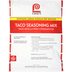 ["Lawry's Taco Seasoning Mix package with instructions and nutritional information."]
