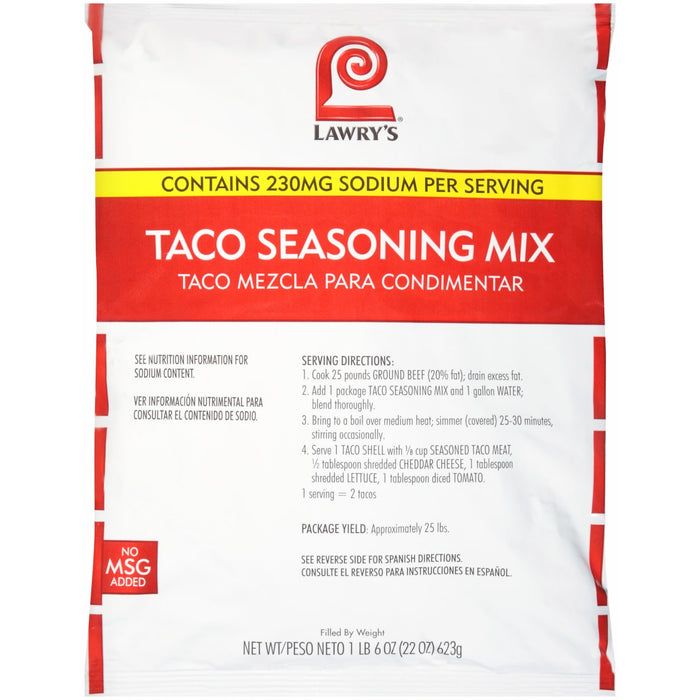 ["Lawry's Taco Seasoning Mix package with instructions and nutritional information."]