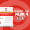 A package of Piquant Medium Heat Taco Seasoning Mix is displayed against a red spiral background, advertising craveable tacos.