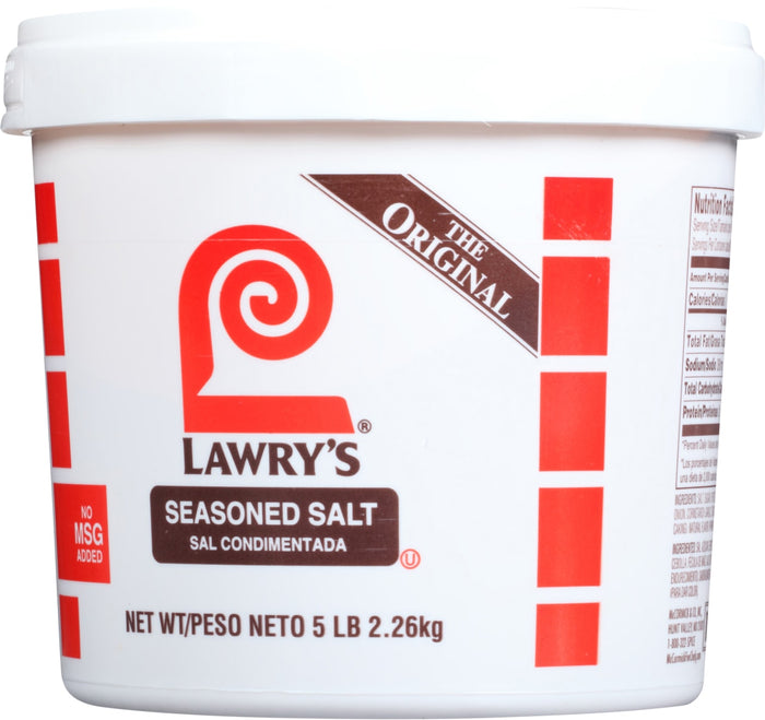 ["A white plastic container of Lawry's Seasoned Salt."]