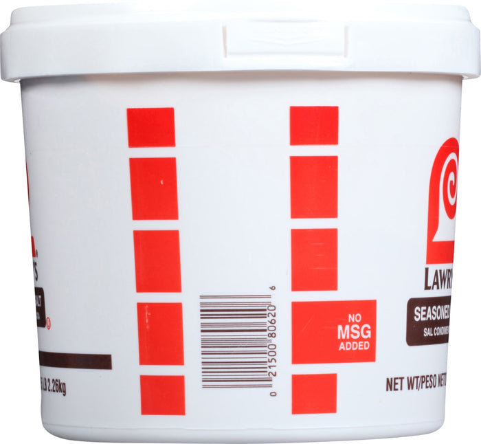 ["A white plastic container of Lawry's Seasoned Salt."]