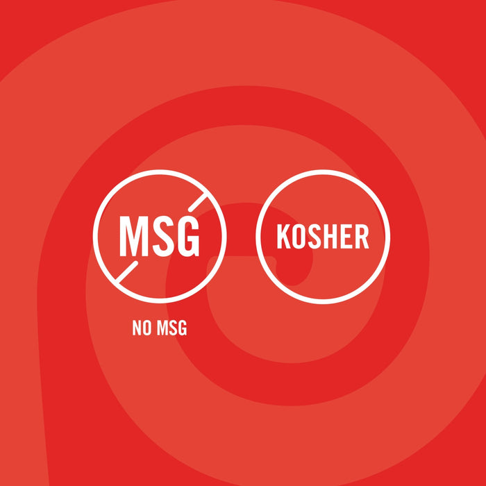 The image shows two circular icons, one indicating no MSG and the other indicating Kosher certification, against a red swirl background.