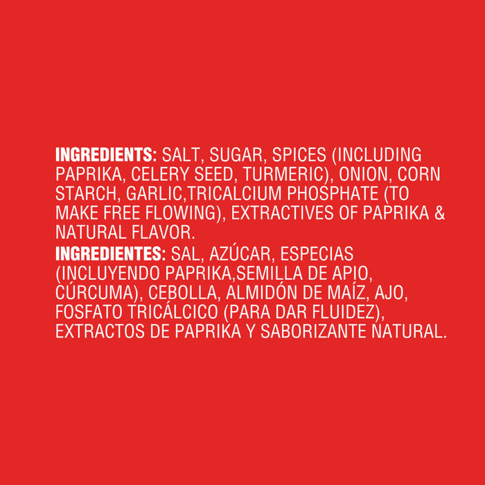 The image shows the ingredient list of a food product, including salt, sugar, spices, paprika, and natural flavor.