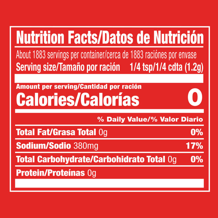 Nutrition facts label showing that the product has zero calories, zero grams of total fat, 380mg of sodium, zero grams of total carbohydrate, and zero grams of protein.