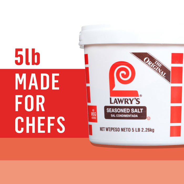 A 5lb container of Lawry's Seasoned Salt, marketed towards chefs.