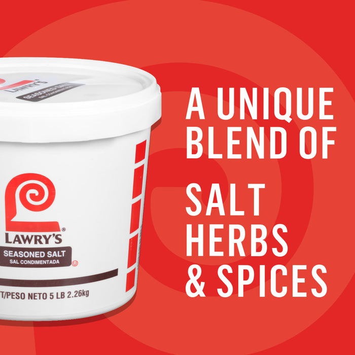 A container of Lawry's Seasoned Salt is displayed, highlighting its unique blend of salt, herbs, and spices.