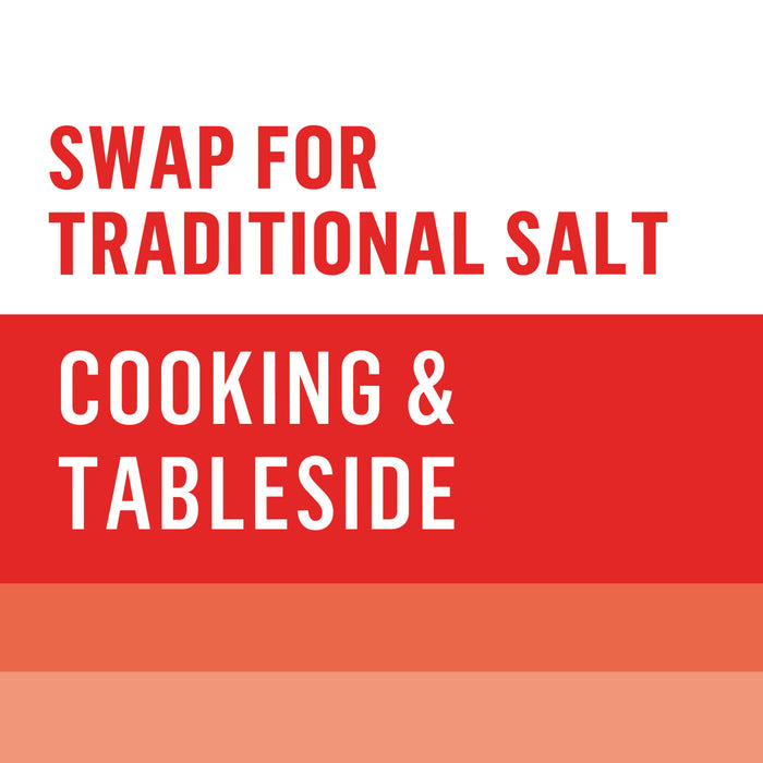 A red graphic encourages swapping for traditional salt for cooking and tableside use.