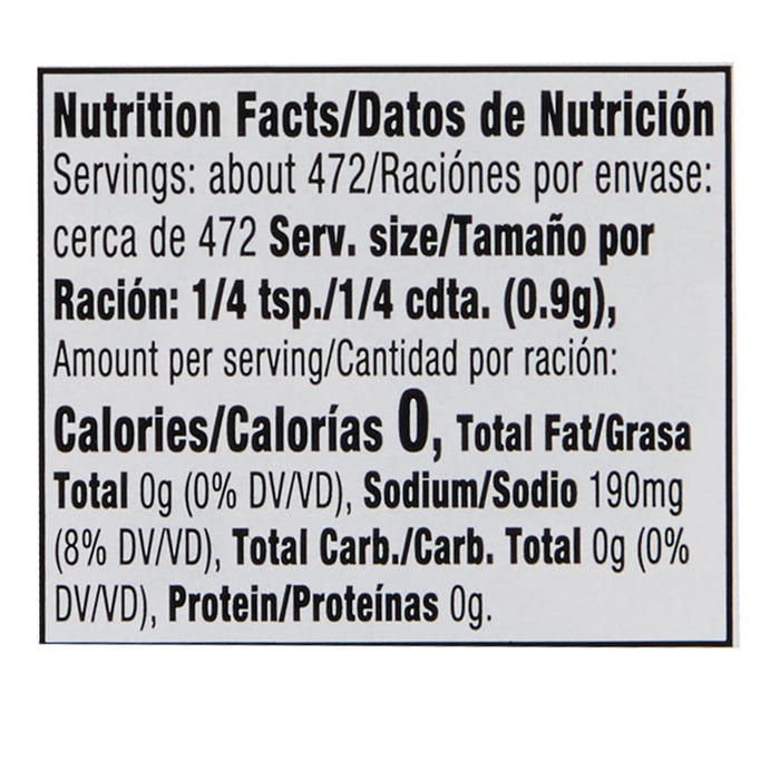 ['Nutrition facts label for a product with 0 calories, 0g fat, 190mg sodium, and 0g carbs.']