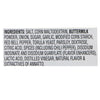 ['A list of ingredients for a product, including salt, corn maltodextrin, buttermilk powder, onion, sugar, garlic, modified corn starch, red bell pepper, torula yeast, parsley, dextrose, citric acid, spices, disodium inosinate, disodium guanylate, lactic acid, distilled vinegar, natural flavor, and extractives of annatto.']