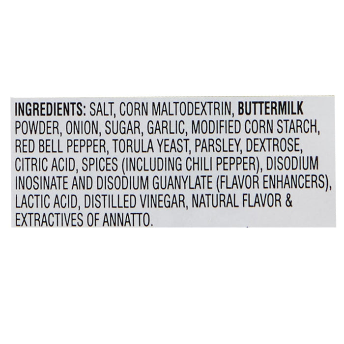 ['A list of ingredients for a product, including salt, corn maltodextrin, buttermilk powder, onion, sugar, garlic, modified corn starch, red bell pepper, torula yeast, parsley, dextrose, citric acid, spices, disodium inosinate, disodium guanylate, lactic acid, distilled vinegar, natural flavor, and extractives of annatto.']