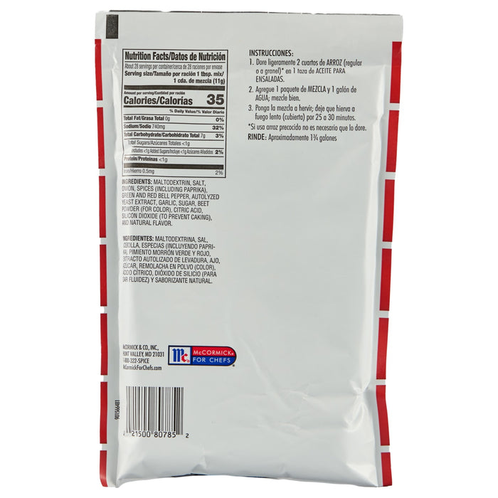 ['McCormick For Chefs Rice Pilaf Mix package with nutrition facts and instructions.']