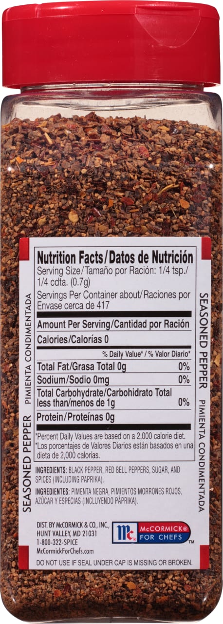 ['McCormick for Chefs Seasoned Pepper nutrition facts label.']