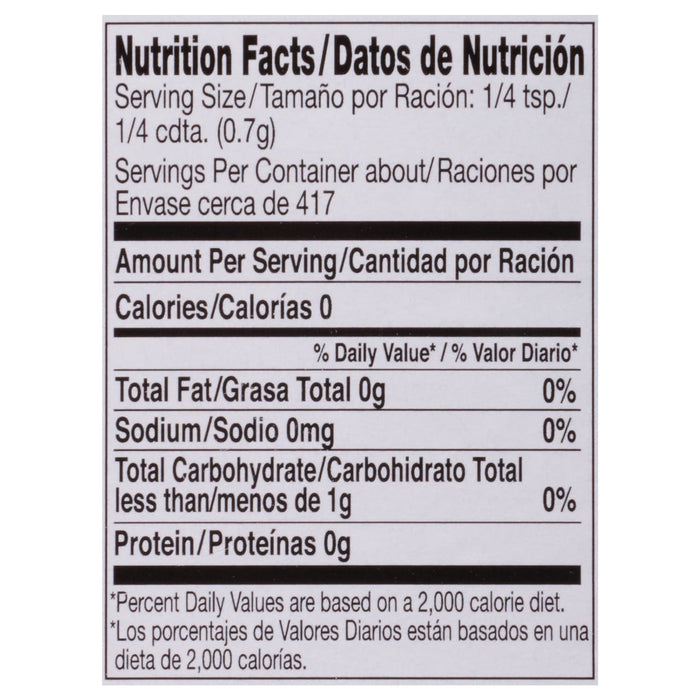['Nutrition facts label for a product with 0 calories, 0 grams of fat, 0 milligrams of sodium, and less than 1 gram of carbohydrates.']