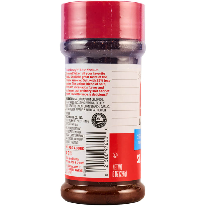 ["A bottle of Lawry's Less Sodium Seasoned Salt."]