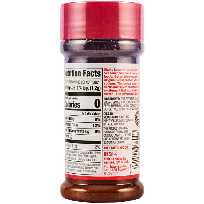 ["Lawry's Less Sodium Seasoned Salt nutrition facts label."]