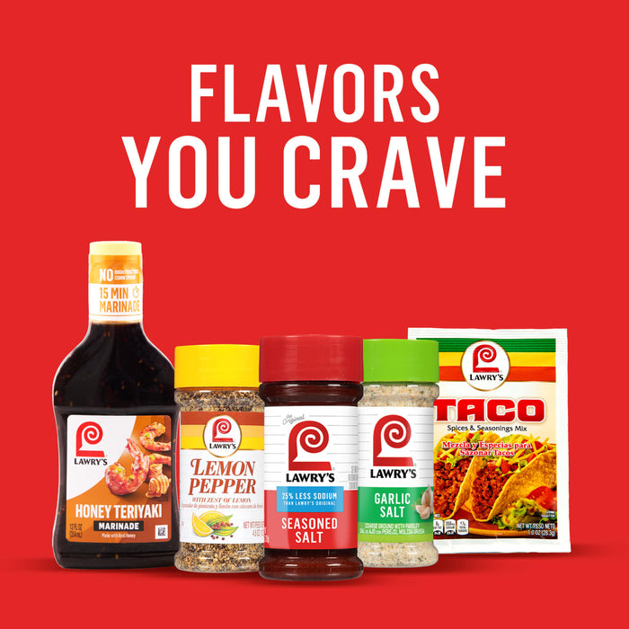 A variety of Lawry's spices and seasonings are displayed against a red background with the text "Flavors You Crave."