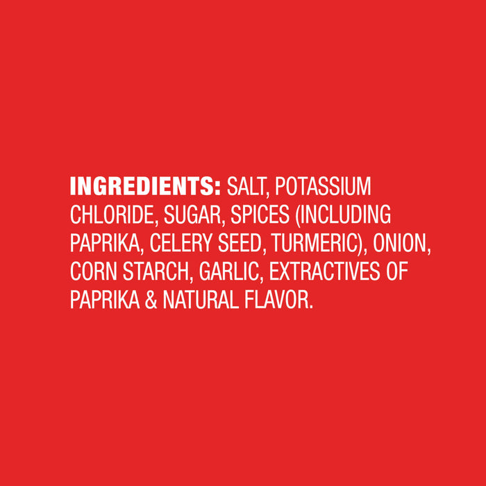 ['A list of ingredients for a product, including salt, potassium chloride, sugar, spices, paprika, celery seed, turmeric, onion, corn starch, garlic, extractives of paprika and natural flavor.']