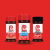 ["Three Lawry's Seasoned Salt jars, one with original, one with 25% less sodium and one with black pepper."]