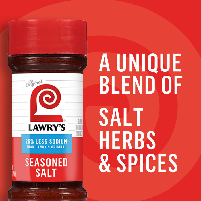 ["A jar of Lawry's Seasoned Salt with a red background that says 'A unique blend of salt, herbs, and spices.'"]