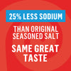 ['A red and blue graphic with white text that says 25% less sodium than original seasoned salt, same great taste.']