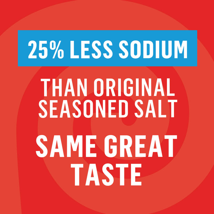 ['A red and blue graphic with white text that says 25% less sodium than original seasoned salt, same great taste.']