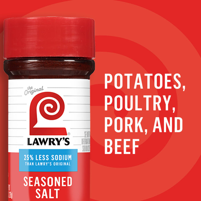 ["A bottle of Lawry's Seasoned Salt with 25% less sodium than the original, with a red background that says 'Potatoes, Poultry, Pork, and Beef.'"]