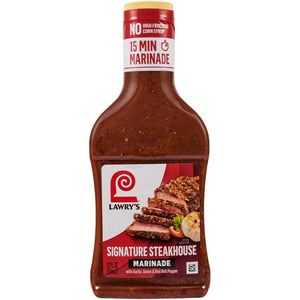 A bottle of Lawry's Signature Steakhouse Marinade is displayed, highlighting its use for quick 15-minute marinades.
