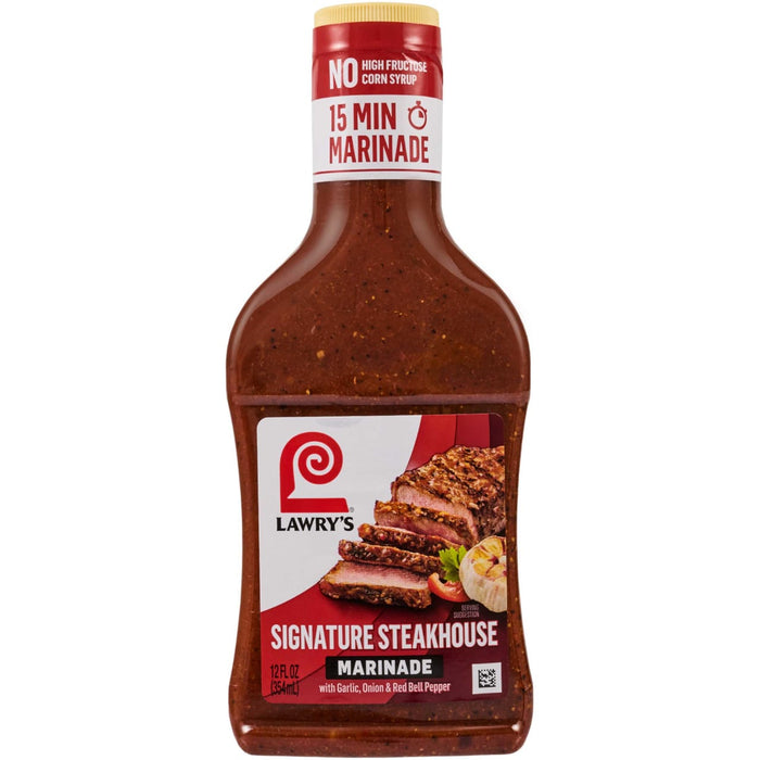 A bottle of Lawry's Signature Steakhouse Marinade is displayed, highlighting its use for quick 15-minute marinades.