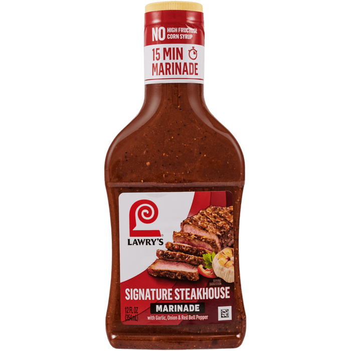 A bottle of Lawry's Signature Steakhouse Marinade, a marinade with natural flavors and no high fructose corn syrup.