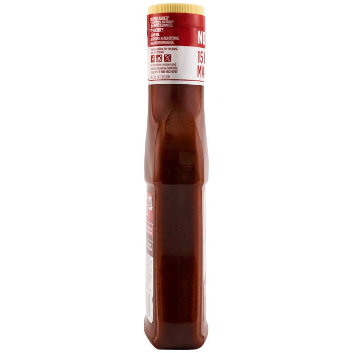 A bottle of Lawrys Steakhouse Marinade, a reddish-brown liquid with visible spices, stands upright, displaying a red label that highlights NO MSG ADDED and TENDERIZES.