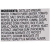 The image shows the ingredient list for a food product, including distilled vinegar, water, tomato puree, spices, and preservatives.