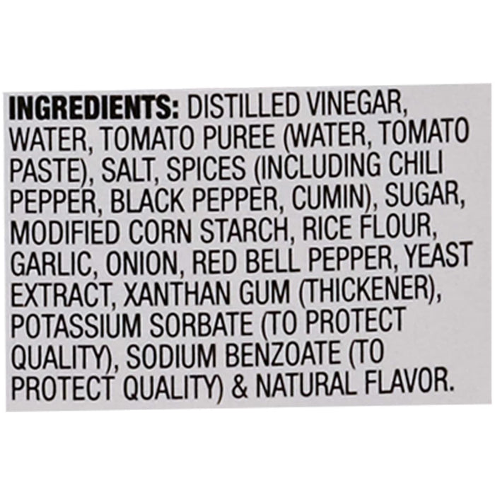 The image shows the ingredient list for a food product, including distilled vinegar, water, tomato puree, spices, and preservatives.