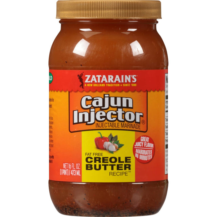 ["A bottle of Zatarain's Cajun Injector Creole Butter marinade."]