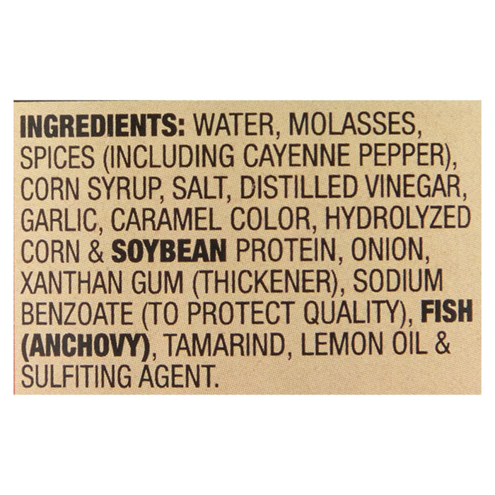 ['A list of ingredients for a product, including water, molasses, spices, corn syrup, salt, distilled vinegar, garlic, caramel color, hydrolyzed corn and soybean protein, onion, xanthan gum, sodium benzoate, fish (anchovy), tamarind, lemon oil and sulfating agent.']