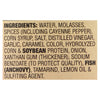 ['A list of ingredients for a product, including water, molasses, spices, corn syrup, salt, distilled vinegar, garlic, caramel color, hydrolyzed corn and soybean protein, onion, xanthan gum, sodium benzoate, fish (anchovy), tamarind, lemon oil and sulfating agent.']