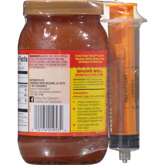 ["Zatarain's Creole Butter marinade with a marinade injector."]