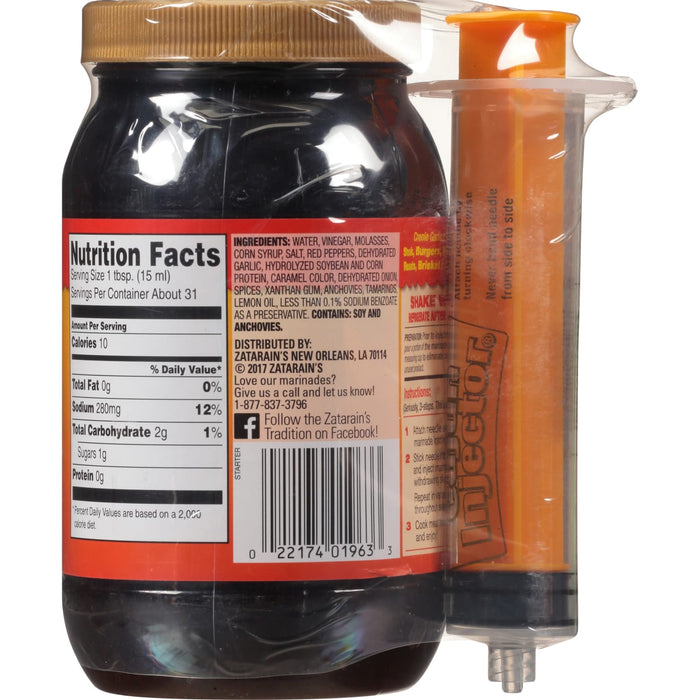 ["Zatarain's Creole Garlic marinade bottle and injector."]