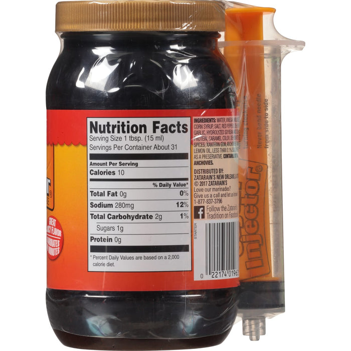 ["A bottle of Zatarain's Injector marinade with nutrition facts and a syringe."]