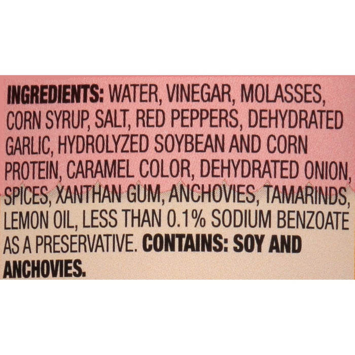 ['A list of ingredients for a product, including water, vinegar, molasses, corn syrup, salt, red peppers, dehydrated garlic, hydrolyzed soybean and corn protein, caramel color, dehydrated onion, spices, xanthan gum, anchovies, tamarinds, lemon oil, less than 0.1% sodium benzoate as a preservative. Contains: soy and anchovies.']